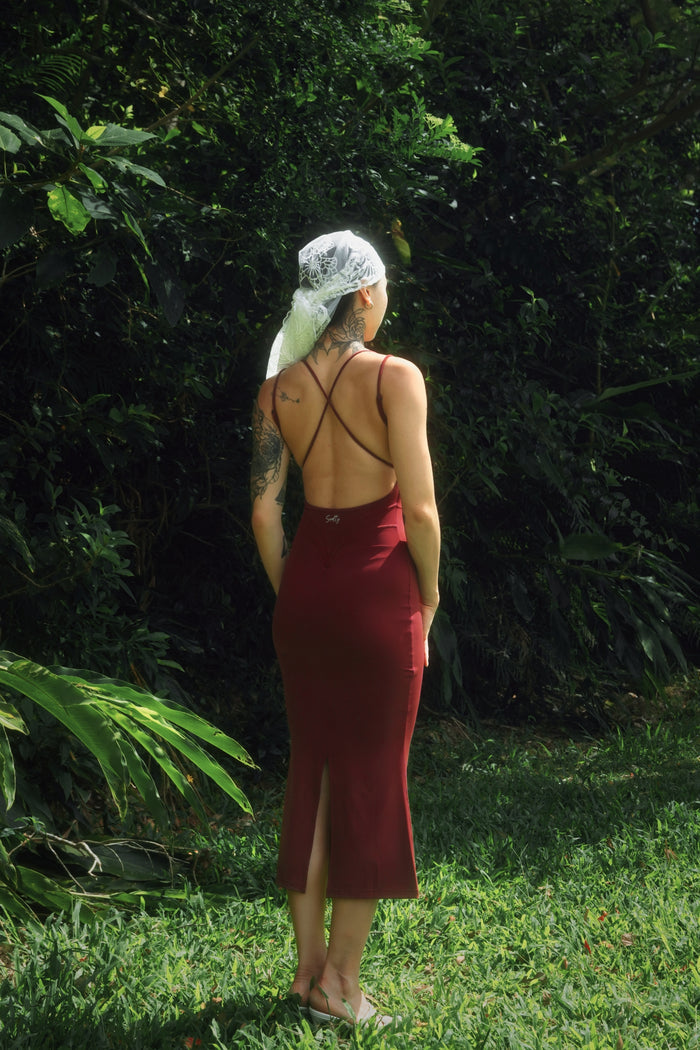 Cross Back Tight Dress | Burgundy