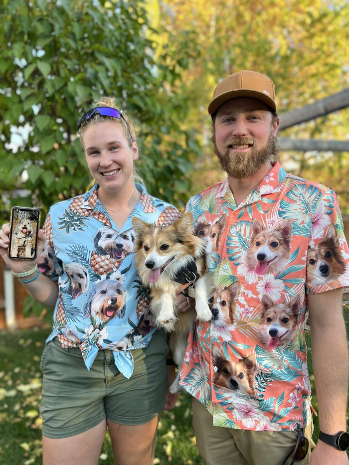Custom Hawaiian Shirt With Pet Face | Personalized Gift For Pet Lovers | Pineapple Pattern Light Blue Color Aloha Shirt