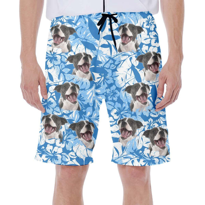 Custom Hawaiian Short With Dog Face | Personalized Gift For Puppy Lovers | Leaves & Flowers Pattern Blue Color Aloha Short