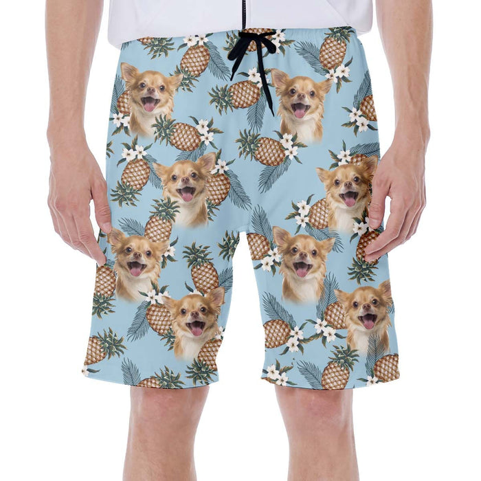 Custom Hawaiian Short With Dog Face | Personalized Gift For Puppy Lovers | Pineapple Pattern Light Blue Color Aloha Short