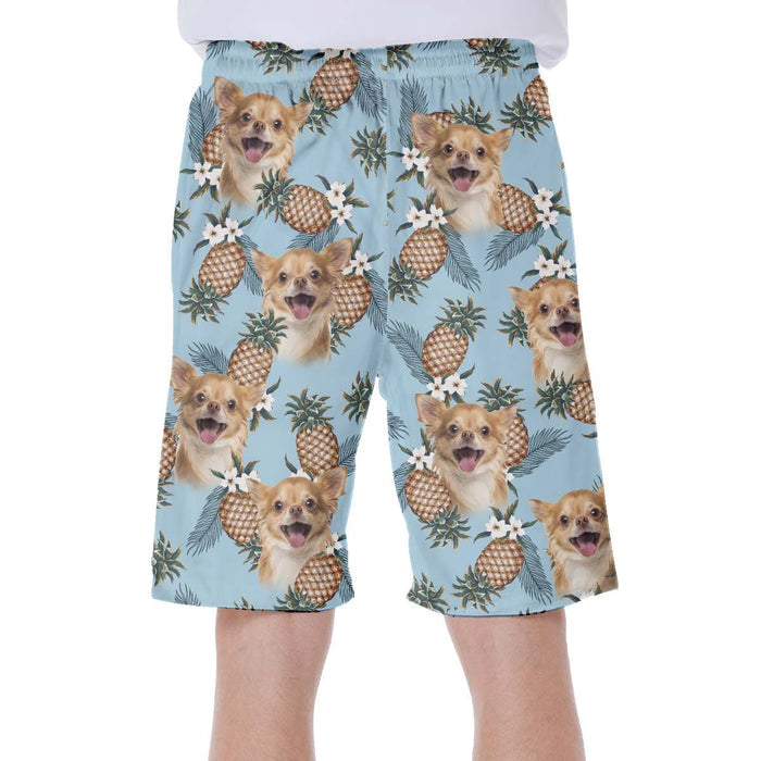 Custom Hawaiian Short With Dog Face | Personalized Gift For Puppy Lovers | Pineapple Pattern Light Blue Color Aloha Short