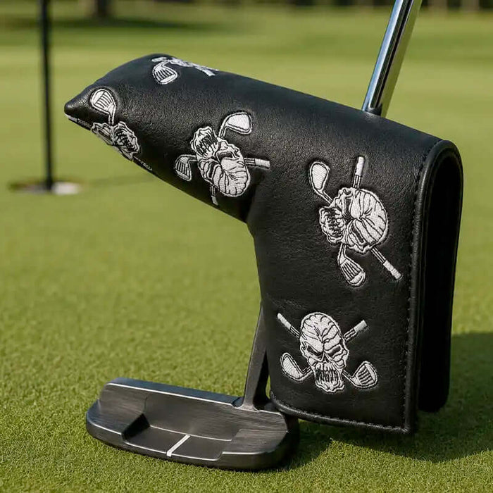 Black golf putter cover with bold skull design for wild golfers