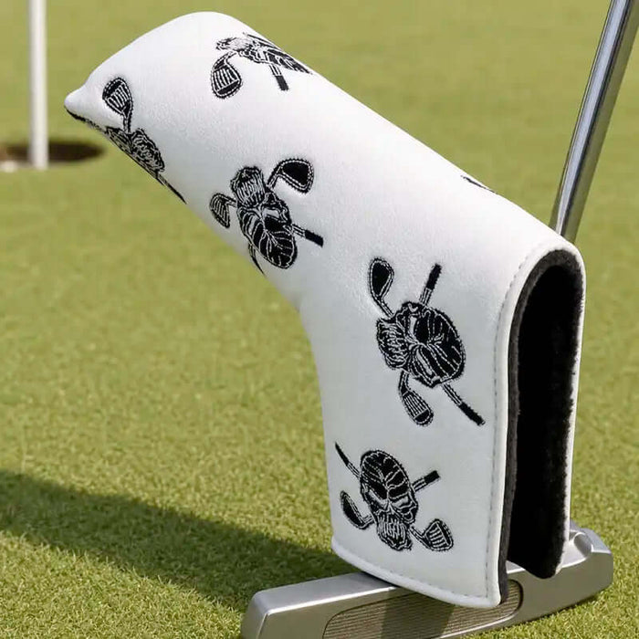 White blade golf putter cover with black skull design by Tattoo Golf