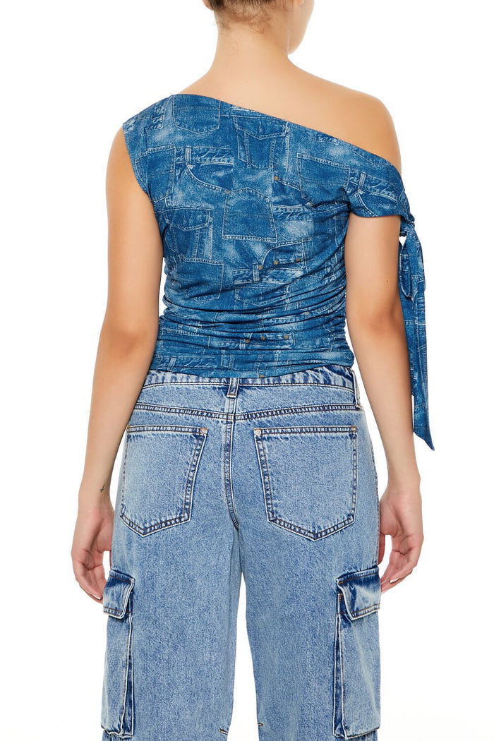 Denim Print Off-the-Shoulder Top