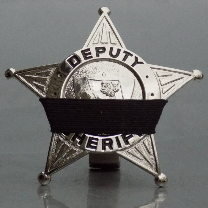 Deputy Sheriff 5 point star Blackinton sil-tone badge with lion on scales of justice seal with Badgeart 1/2 inch mourning band