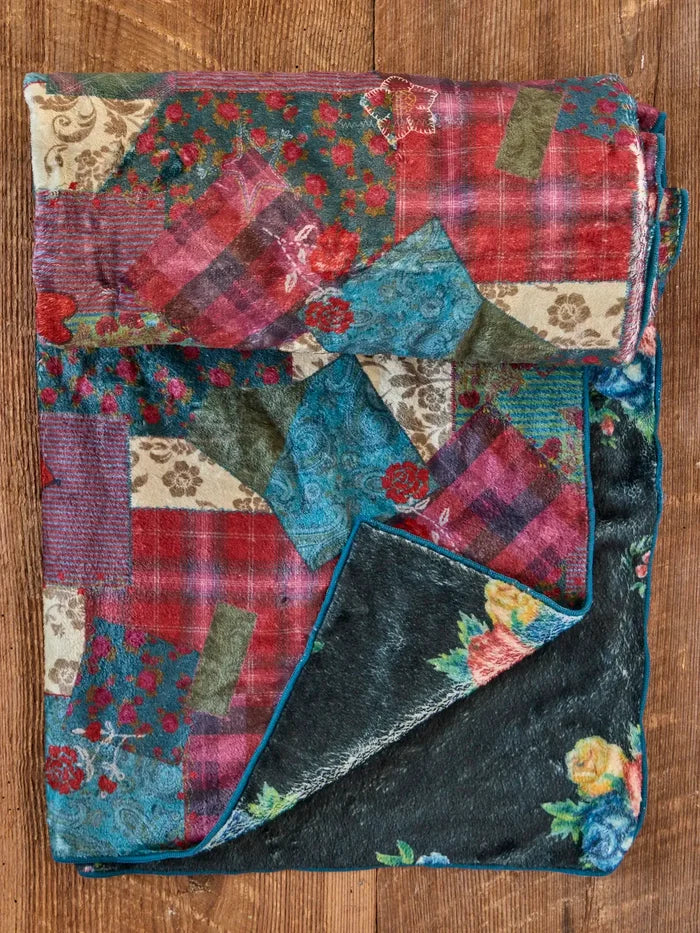 Double-Sided Cozy Throw Blanket - Aspen Patchwork Burgundy-view 3