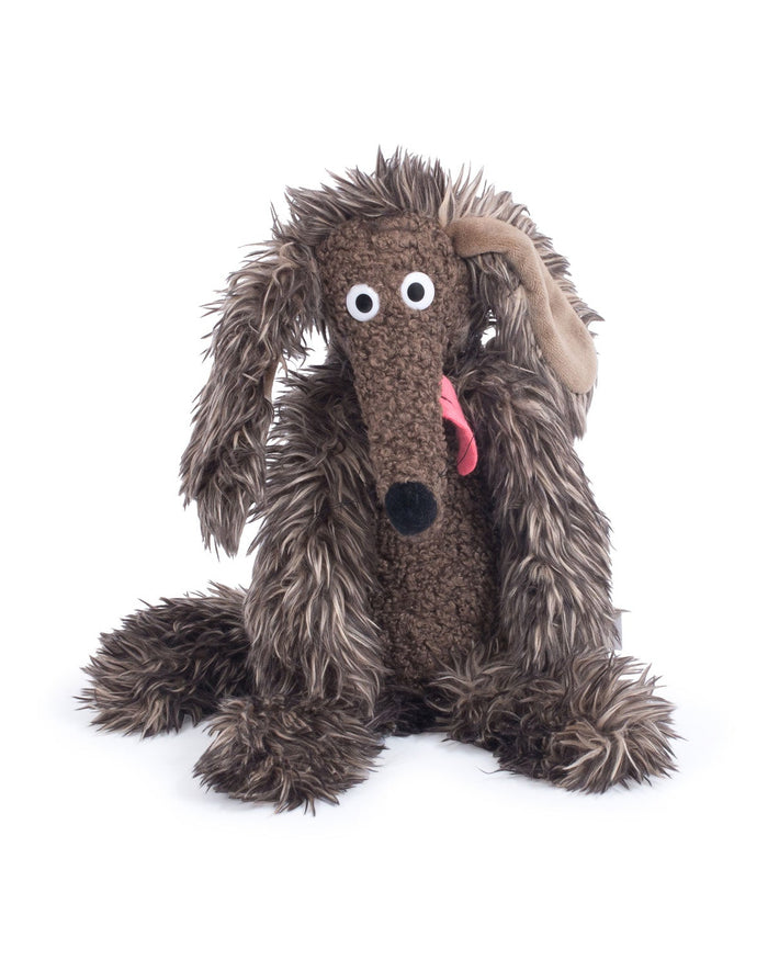 Brown plush dog toy with a pink tongue on a white background