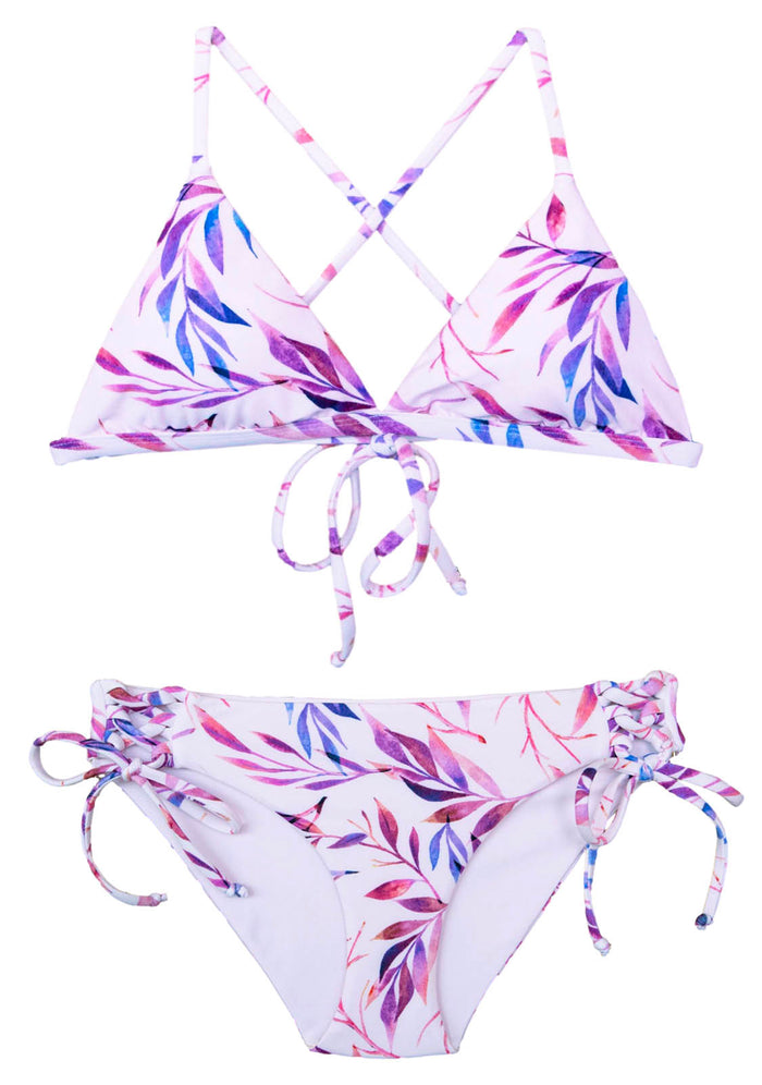 Junior Style swimsuit two-piece with tropical pink design and adjustable top and bottoms