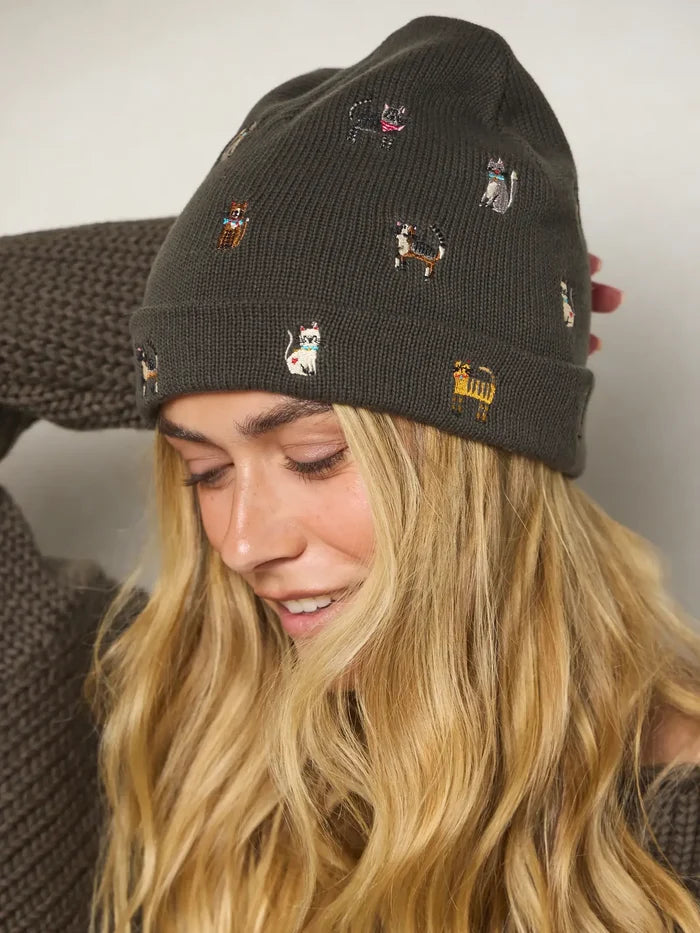 Embroidered Beanie - Charcoal Cats-view 1