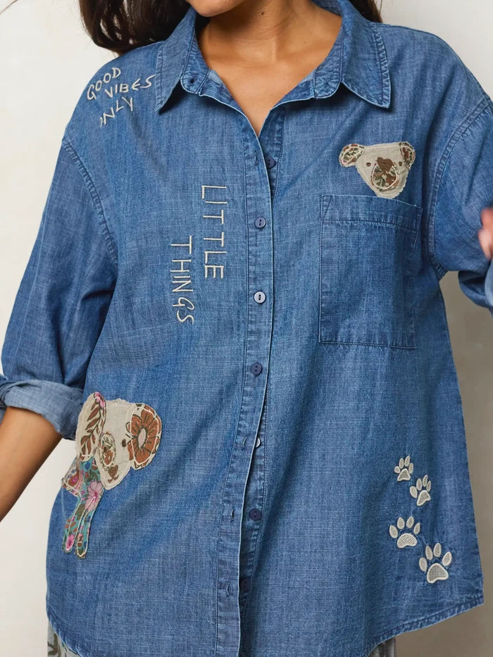 Embroidered Cotton Button Down - Medium Wash Denim-view 1
