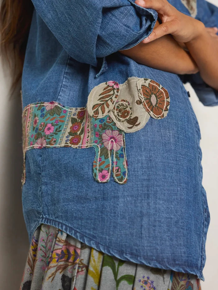 Embroidered Cotton Button Down - Medium Wash Denim-view 2