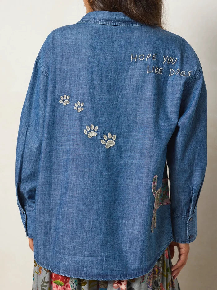 Embroidered Cotton Button Down - Medium Wash Denim-view 3