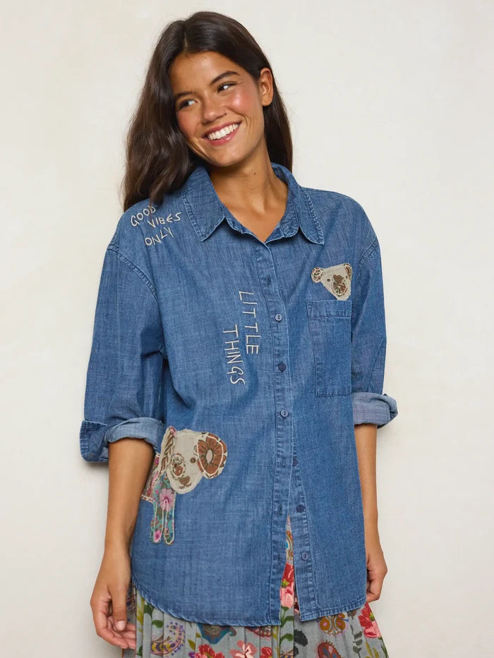 Embroidered Cotton Button Down - Medium Wash Denim-view 4