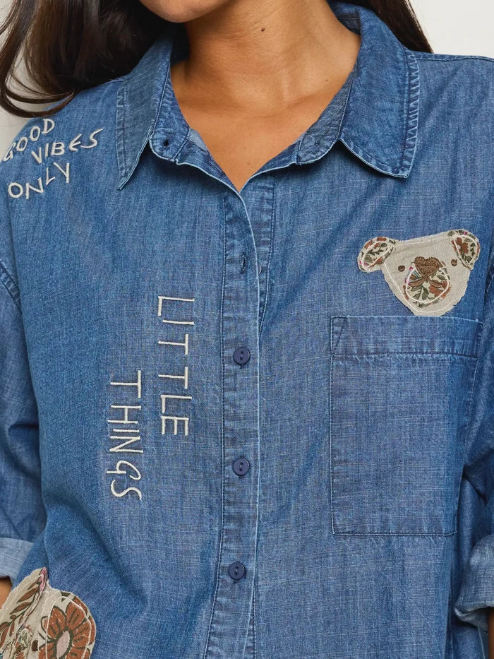 Embroidered Cotton Button Down - Medium Wash Denim-view 5