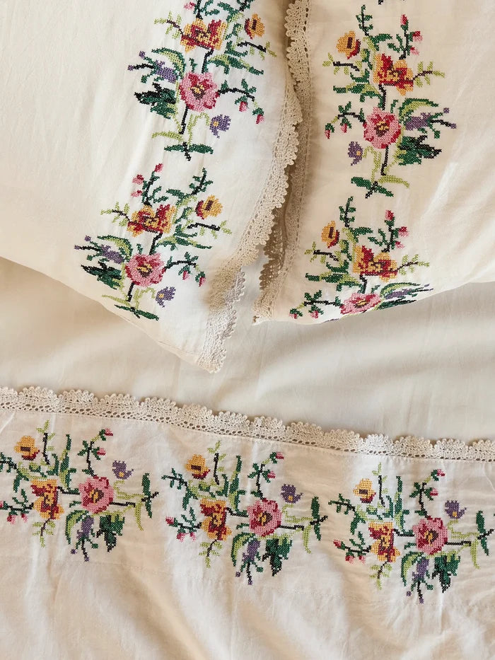 Embroidered Cotton Sheet Set - Cream-view 1