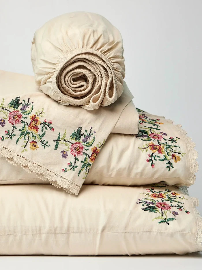 Embroidered Cotton Sheet Set - Cream-view 3
