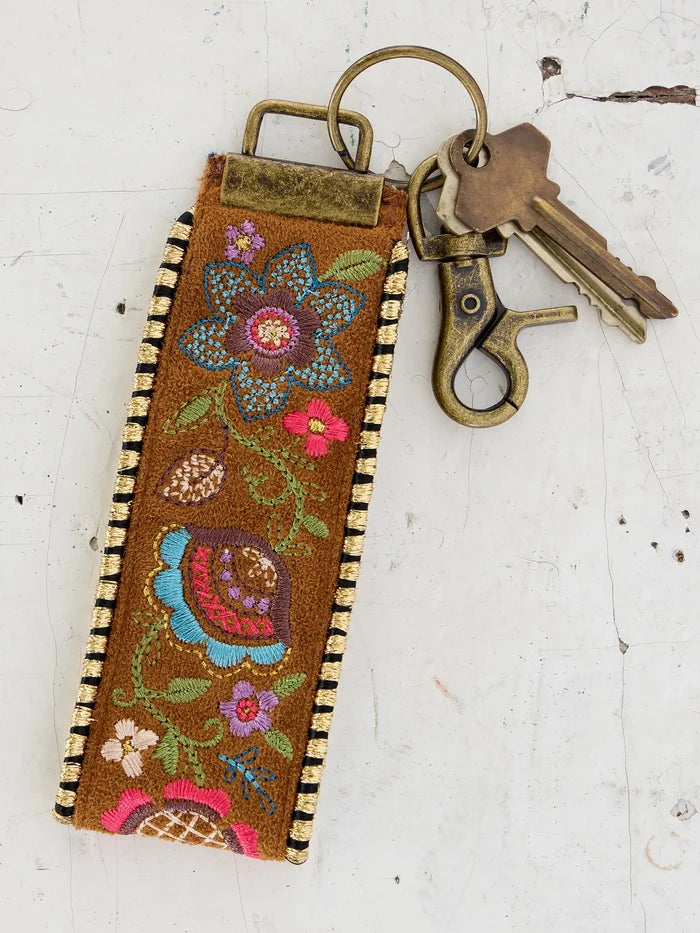 Embroidered Key Chain - Brown Suede-view 1