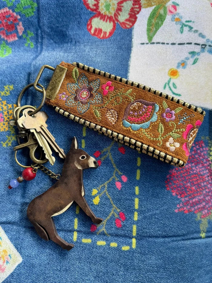 Embroidered Key Chain - Brown Suede-view 2