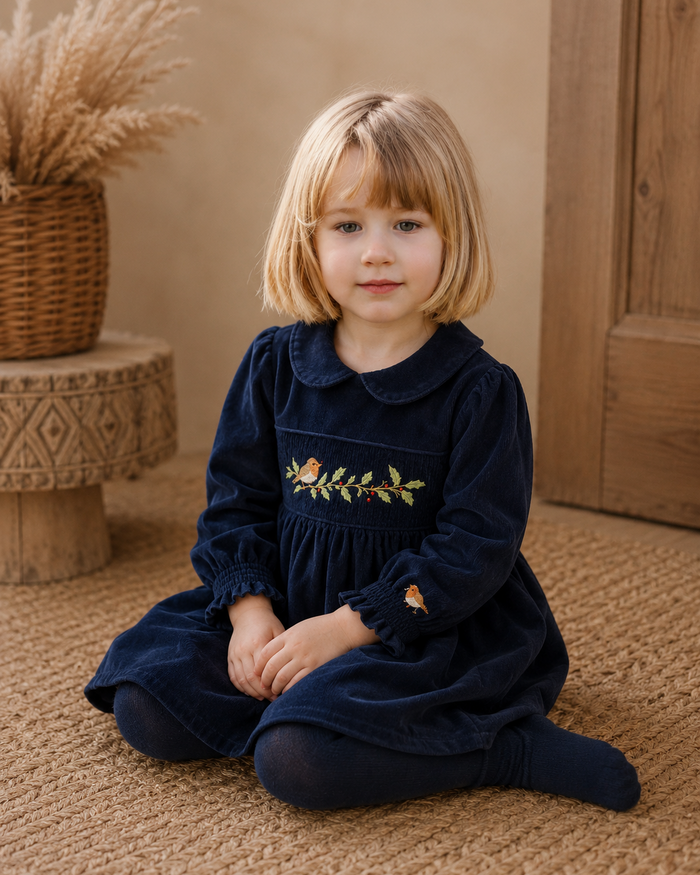 Young girl in a navy blue dress with floral embroidery sitting on a carpeted floor.