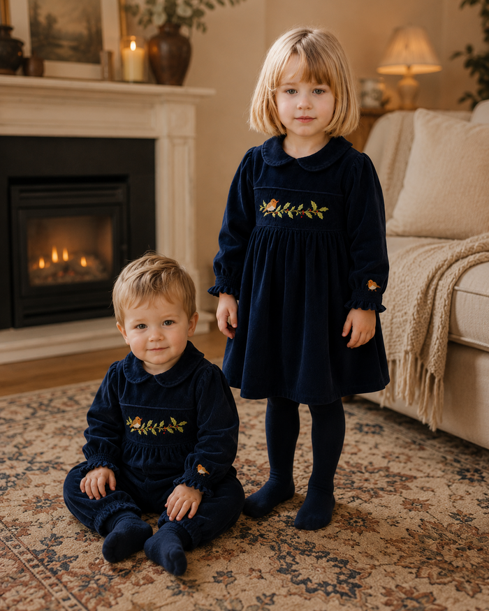 Two children in matching navy outfits standing in a cozy living room.