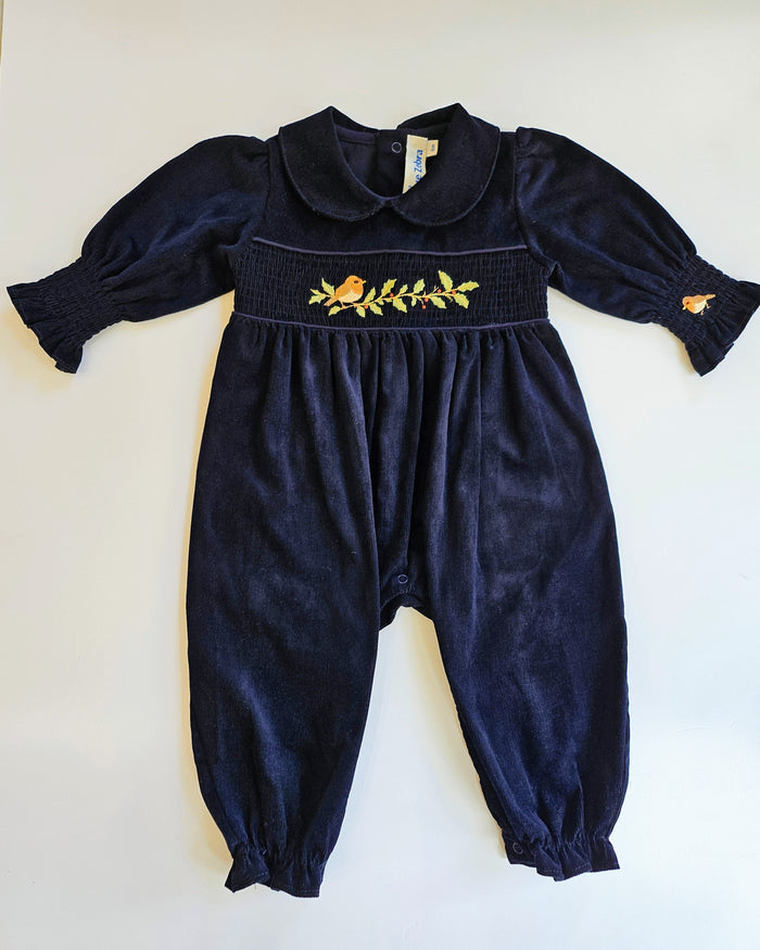 Enchanted Robin Smocked Baby Boy Romper - Navy Corduroy - The Blue Zebra