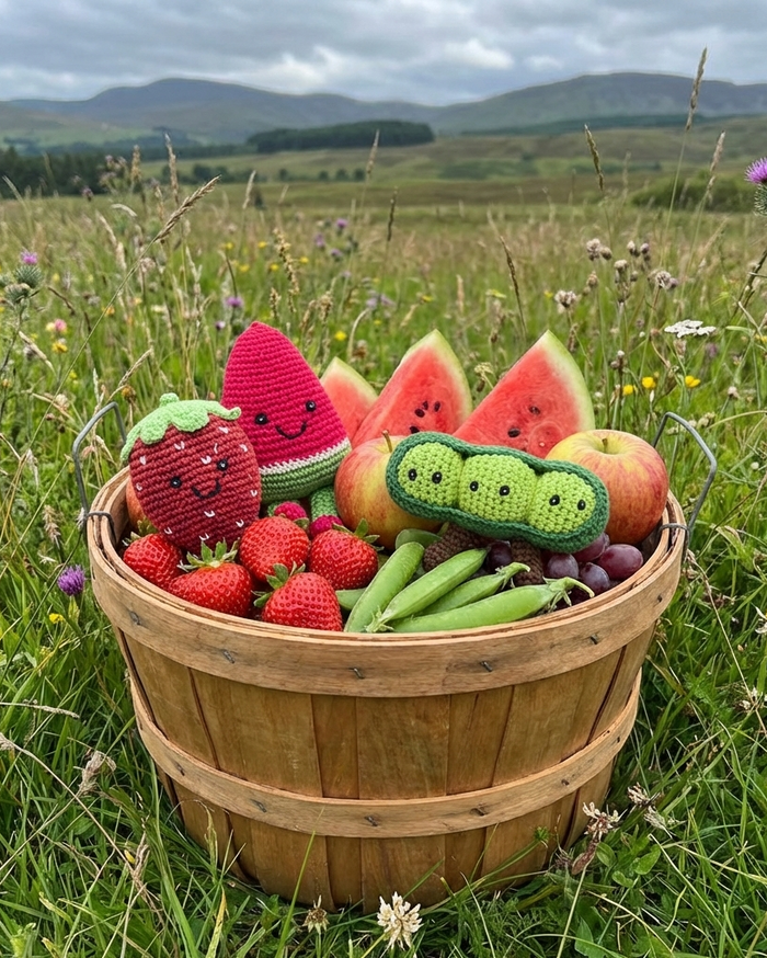 Wooden basket filled with crochet fruits and vegetables in a field.