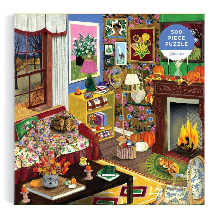 Completed Fall Is in the Air puzzle with cozy autumn living room scene