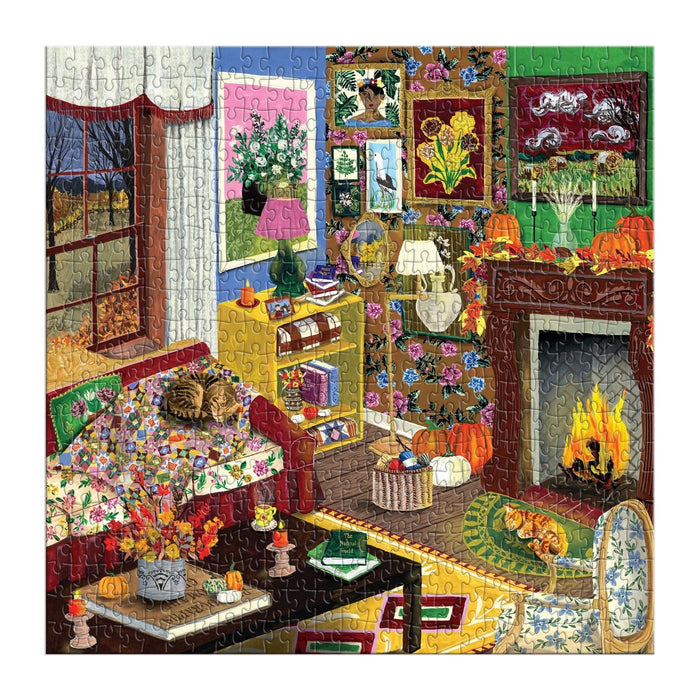 Completed Fall Is in the Air puzzle with cozy autumn living room scene