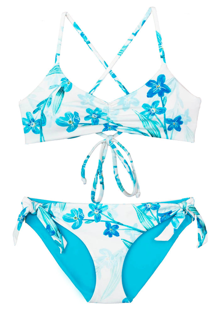 Floral -Blue, white, teal Reversible two-piece swimsuit with padded triangle top and modest yet stylish bottoms.