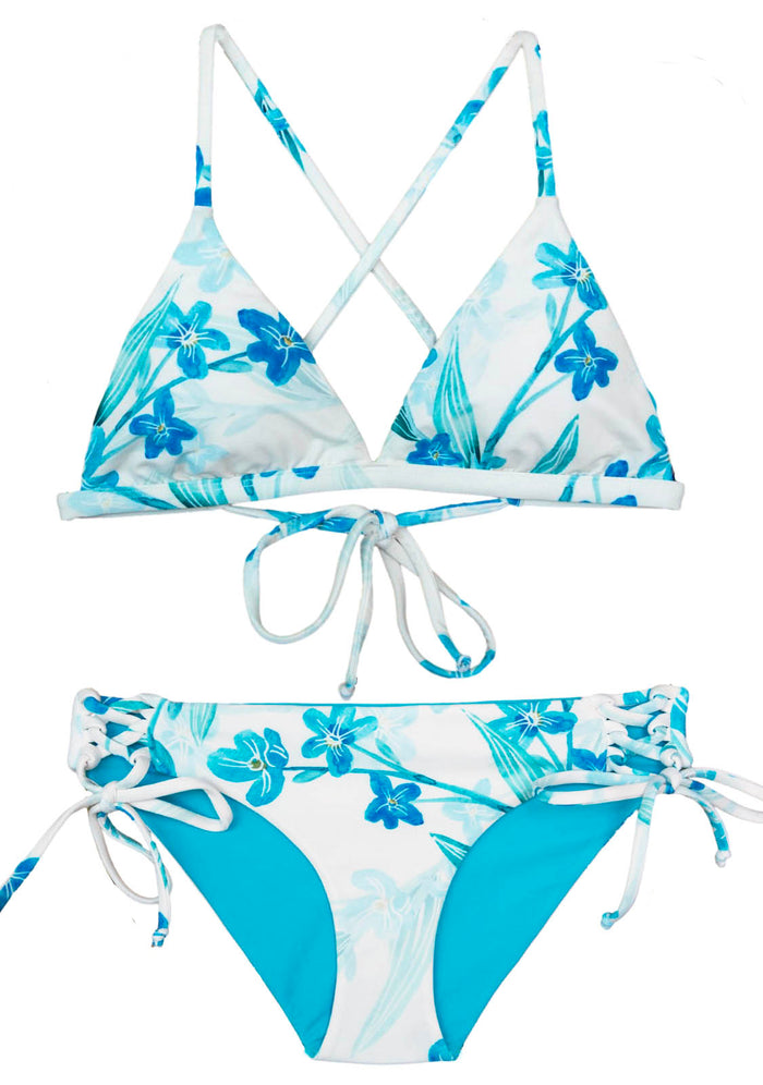 Reversible Junior Girls 2-Piece Bikini with hand painted floral print, a triangle top and matching bottoms