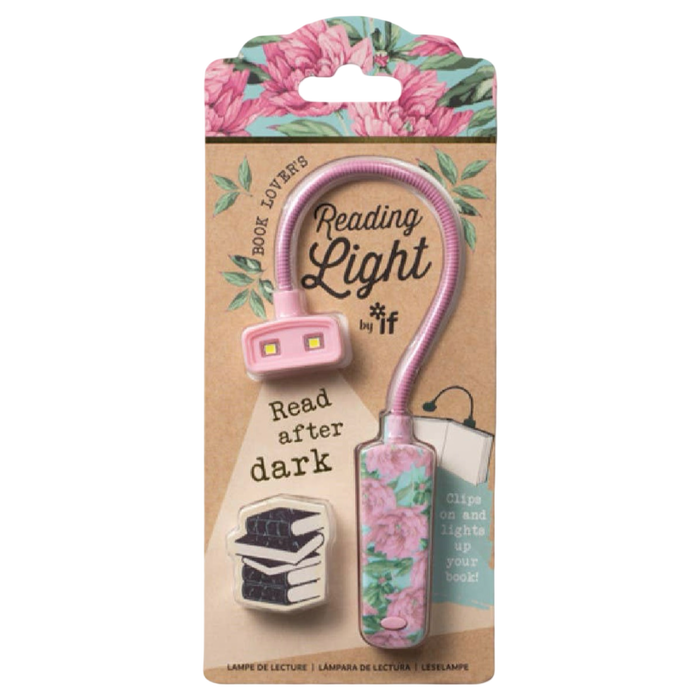 Floral clip-on LED book reading light by if USA in pink with decorative floral gift packaging