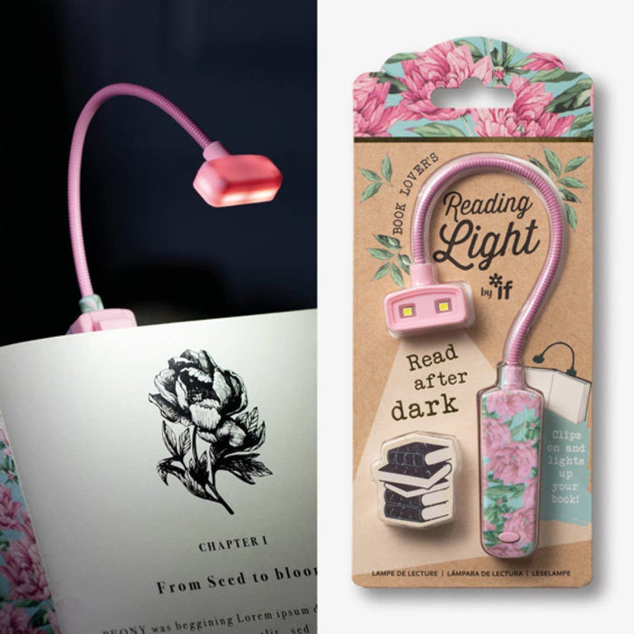 Floral clip-on LED book reading light by if USA in pink with decorative floral gift packaging