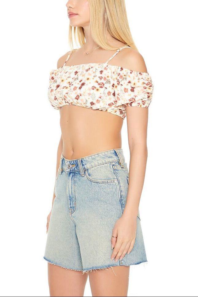 Floral Print Open-Shoulder Crop Top