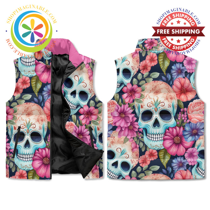 Floral Skulls Puffer Vest M