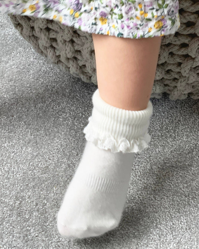 Frilly Non-Slip Stay-On Socks - Pearl White - The Little Sock Company