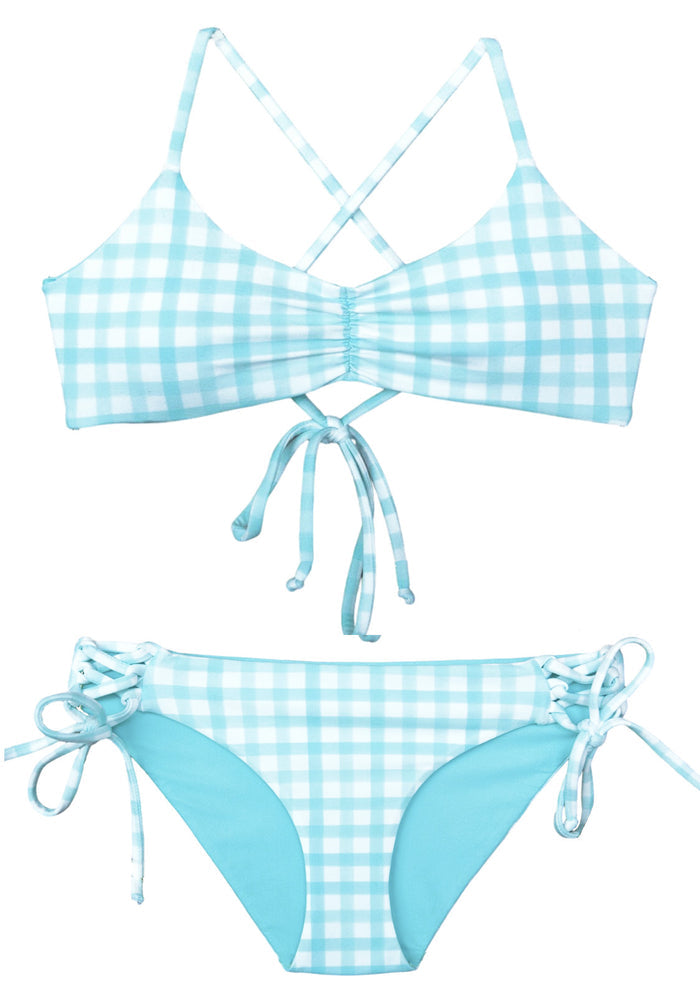 Blue and white checkered Gingham print bikini set on a white background