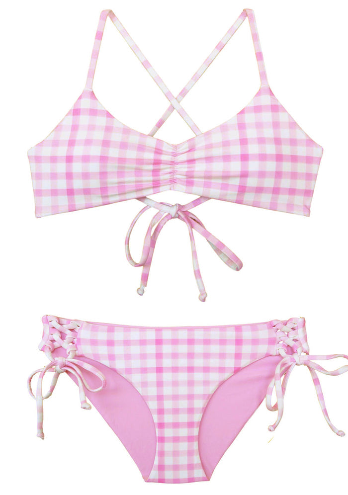 Barbie inspired pink and white swimsuit for girls ages 10, 11, 12, 13, 14, 15, 16, 17, and 18 with padded bralette top and modest bottoms with side ties