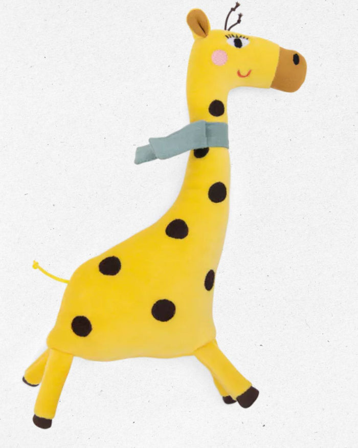 Plush toy giraffe with a gray bow tie on a white background