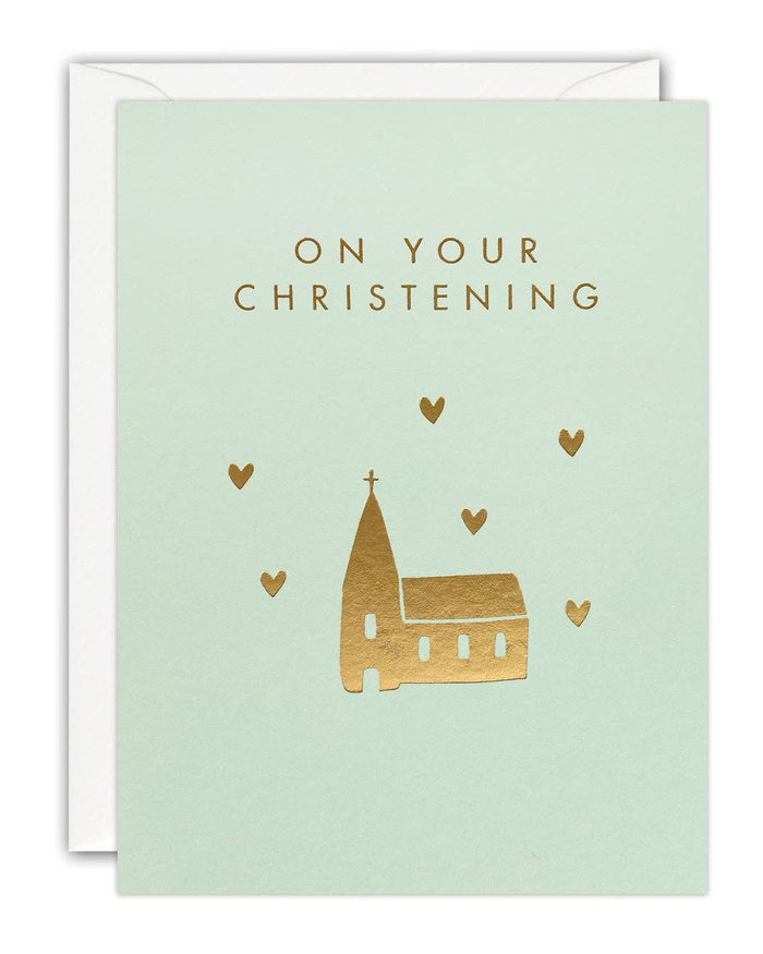 Greeting card with gold church illustration and 'On Your Christening' text on a light green background
