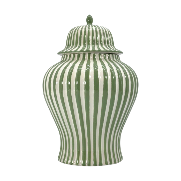 Green and white striped 12 inch ceramic ginger jar with lid