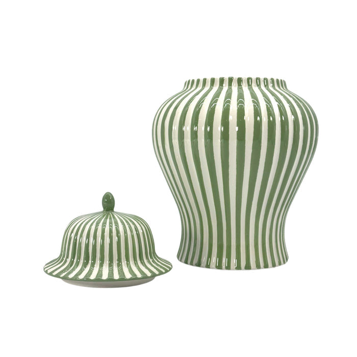 Green and white striped 12 inch ceramic ginger jar with lid