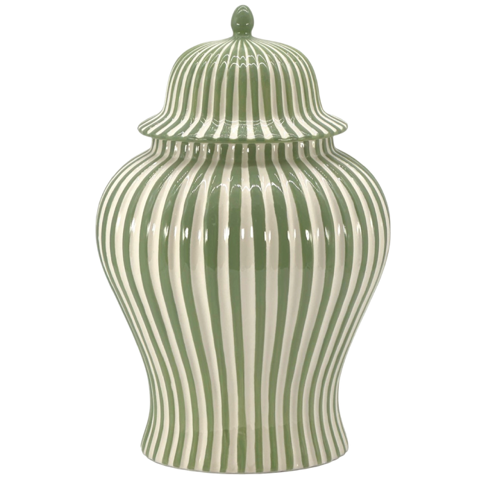 Green and white striped 18 inch ceramic ginger jar with lid