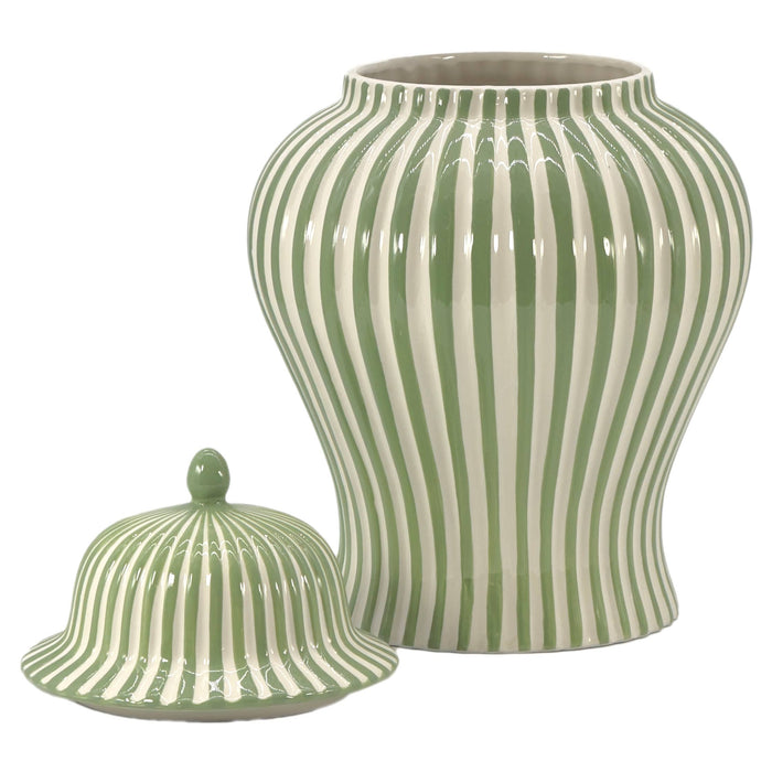 Green and white striped 18 inch ceramic ginger jar with lid