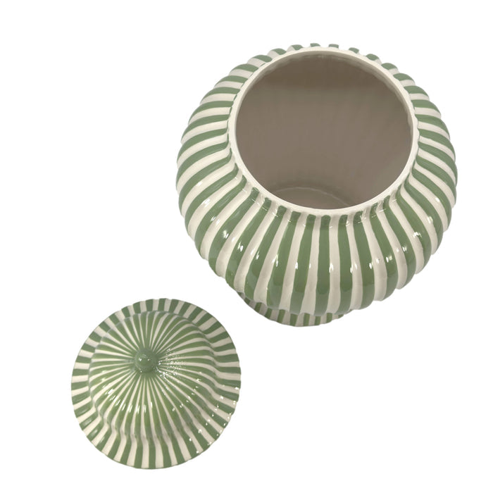 Green and white striped 18 inch ceramic ginger jar with lid