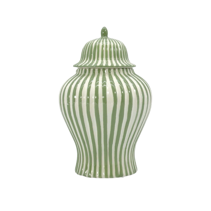 Green and white striped 8 inch ceramic ginger jar with lid