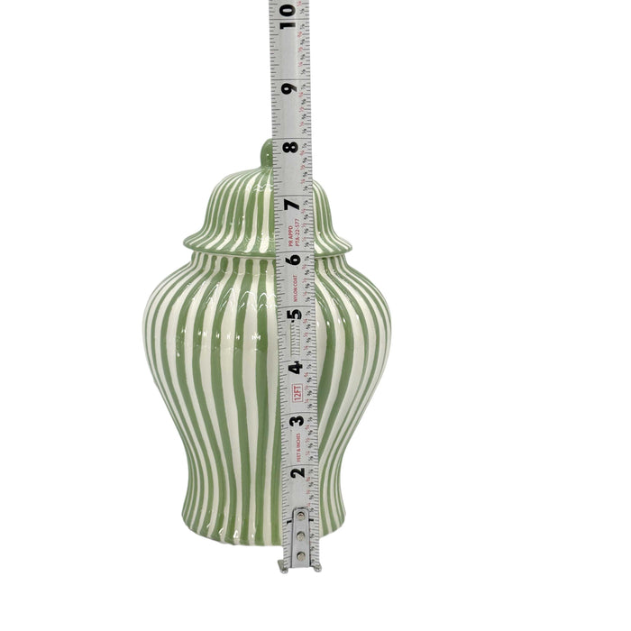 Green and white striped 8 inch ceramic ginger jar with lid