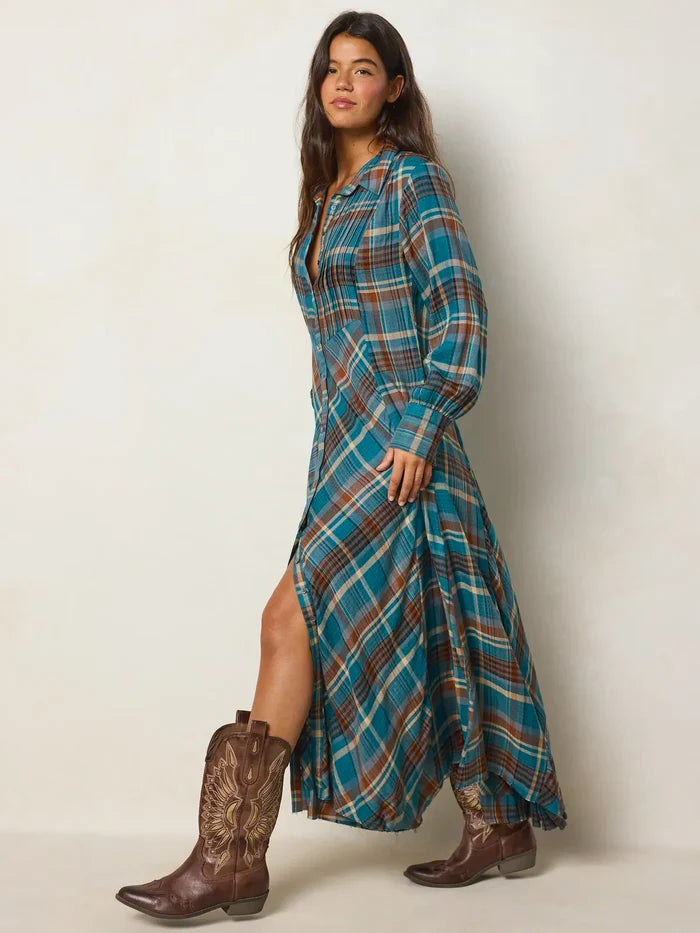Hailee Maxi Dress - Teal Camel Plaid-view 1