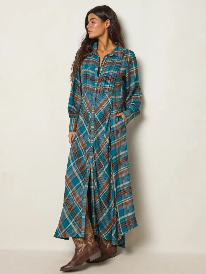 Hailee Maxi Dress - Teal Camel Plaid-view 5