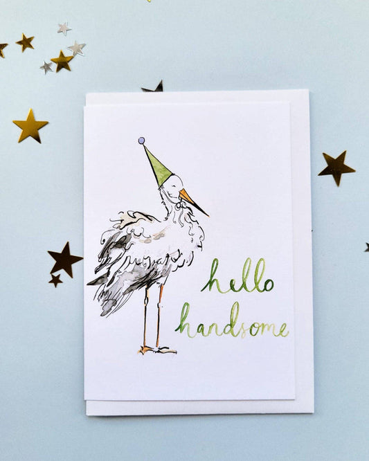 La La Lu Handsome Stork watercolour greeting card for a new baby boy.