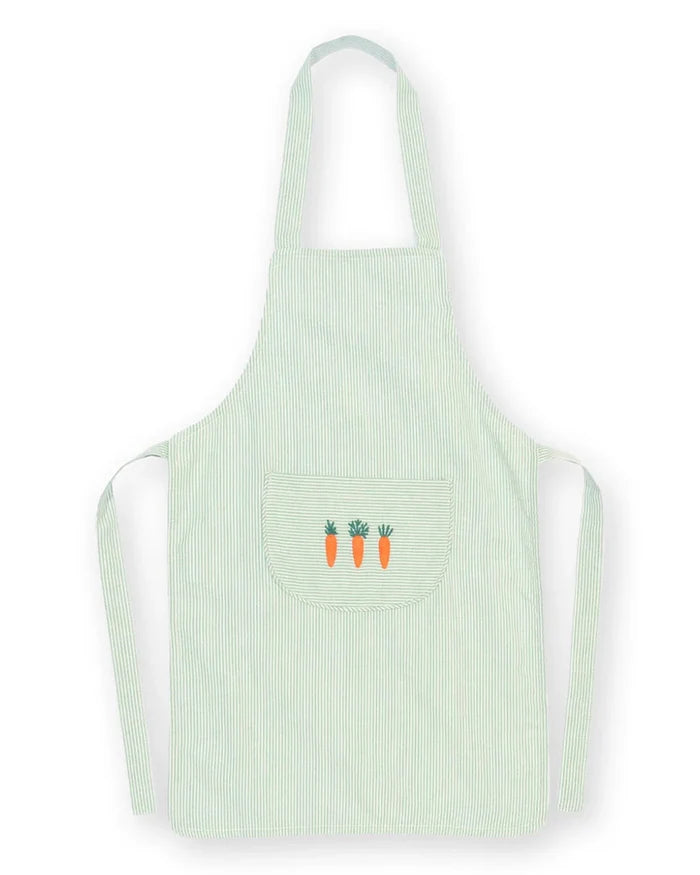 A light mint green apron with thin vertical pinstripes, featuring a front pocket with three embroidered orange carrots and green tops, set against a plain white background.